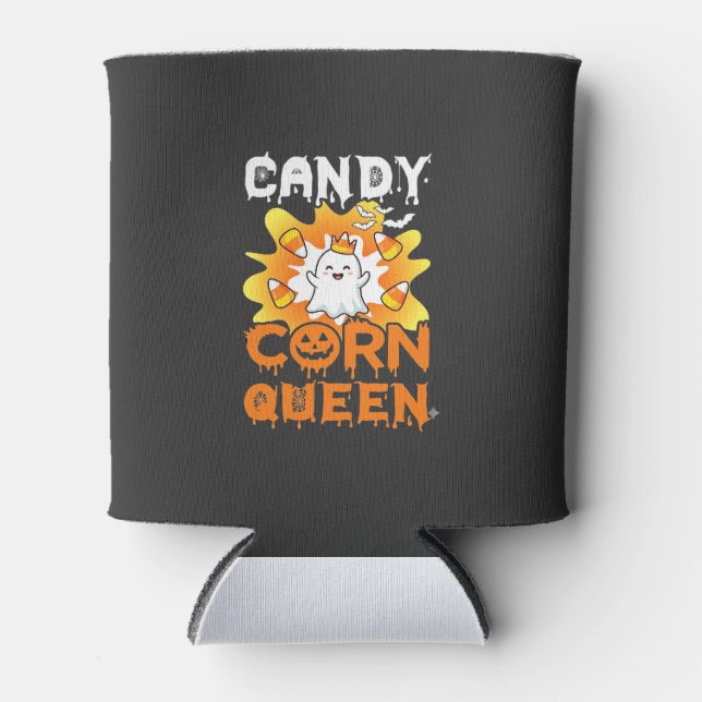 Candy Corn Queen Halloween Ghost Bats Spider Web Can Cooler (Front)