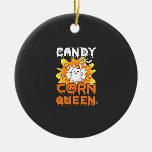 Candy Corn Queen Halloween Ghost Bats Spider Web Ceramic Ornament (Front)