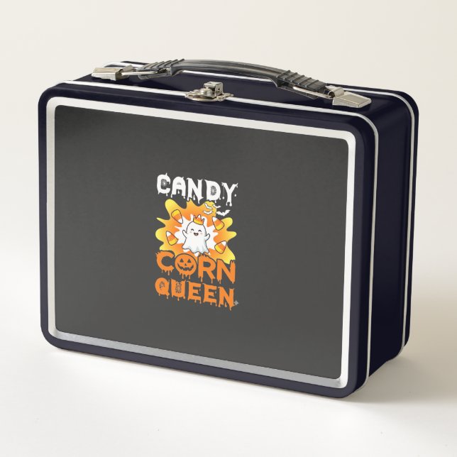 Candy Corn Queen Halloween Ghost Bats Spider Web Metal Lunch Box (Front)