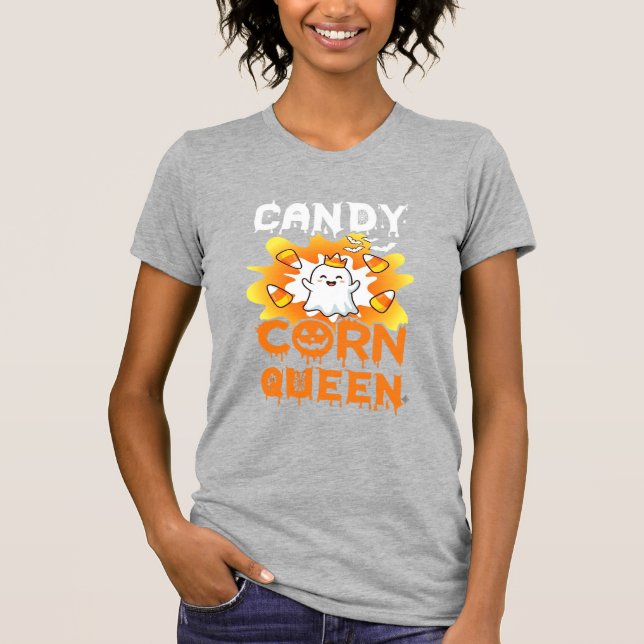 Candy Corn Queen Halloween Ghost Bats Spider Web T-Shirt (Front)