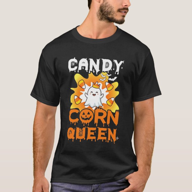 Candy Corn Queen Halloween Ghost Bats Spider Web T-Shirt (Front)