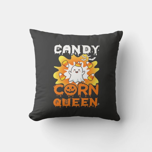 Candy Corn Queen Halloween Ghost Bats Spider Web Throw Pillow (Front)