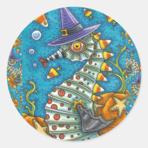 CANDY CORN SEAHORSE WITCH, UNDER THE SEA HALLOWEEN CLASSIC ROUND STICKER
