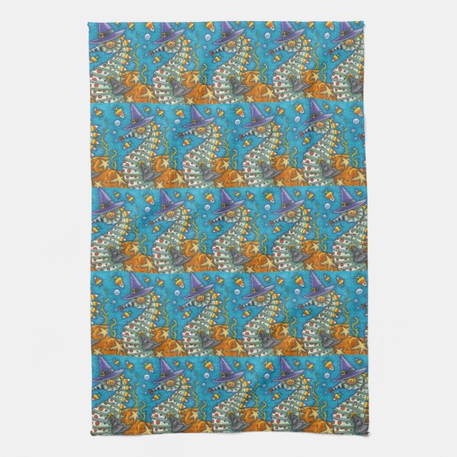 CANDY CORN SEAHORSE WITCH, UNDER THE SEA HALLOWEEN KITCHEN TOWEL (Vertical)