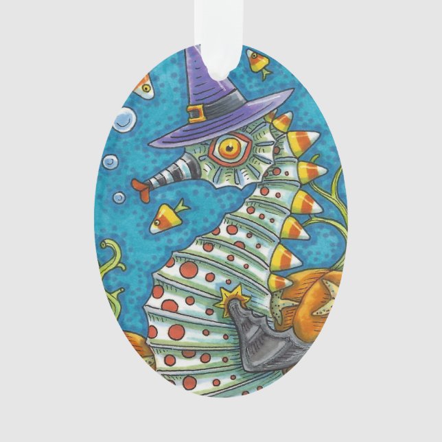 CANDY CORN SEAHORSE WITCH, UNDER THE SEA HALLOWEEN ORNAMENT (Front)