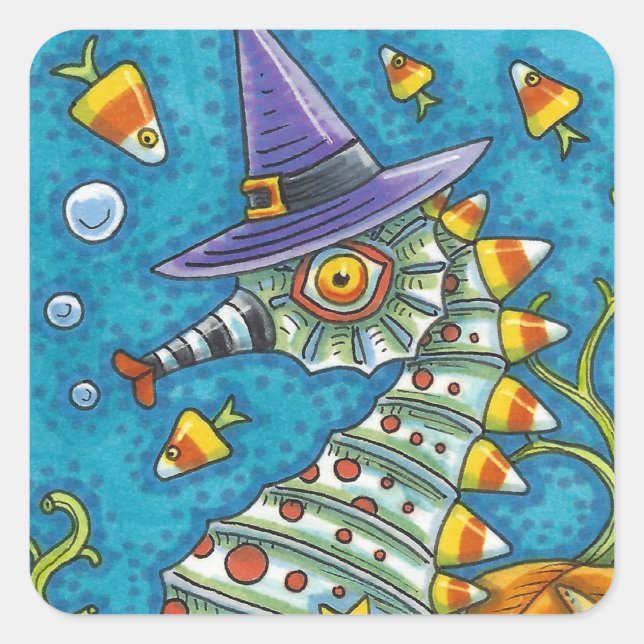 CANDY CORN SEAHORSE WITCH, UNDER THE SEA HALLOWEEN SQUARE STICKER (Front)