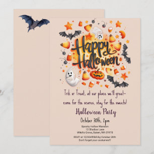 Candy Corn Trick or Treat Bats Halloween Party Invitation
