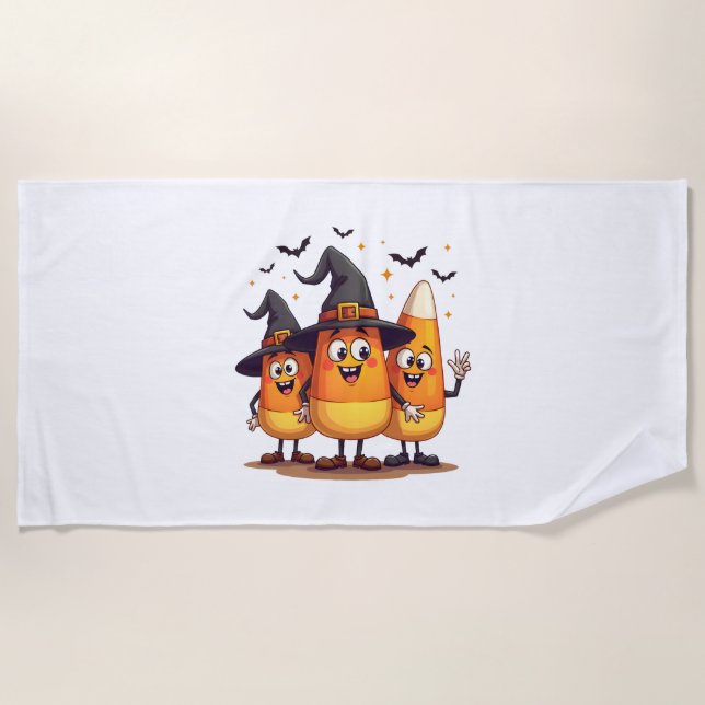 Candy Corn Trio – Funny Halloween Characters Beach Towel (Front)