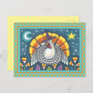 CANDY CORN TURKEY, COLORFUL THANKSGIVING FOLK ART POSTCARD