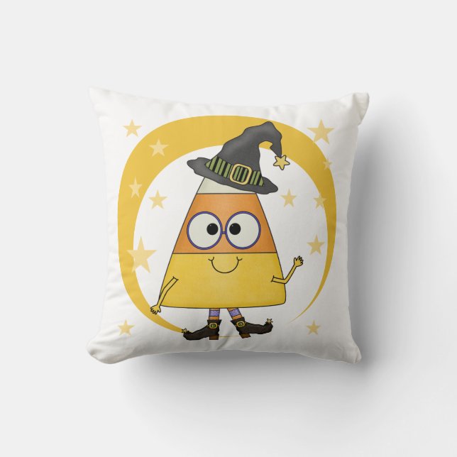 Candy Corn Witch Halloween Throw Pillow (Front)