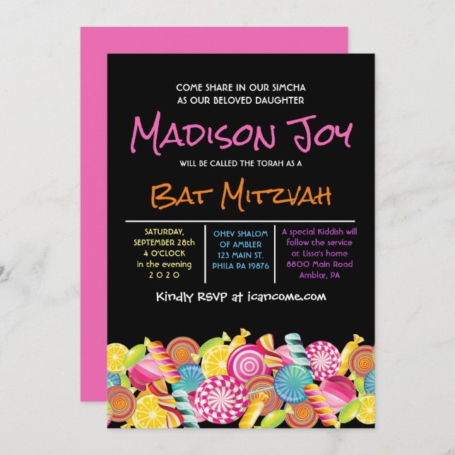 CANDY COUTURE Bat mitzvah rose Invitation (Devant / Derrière)