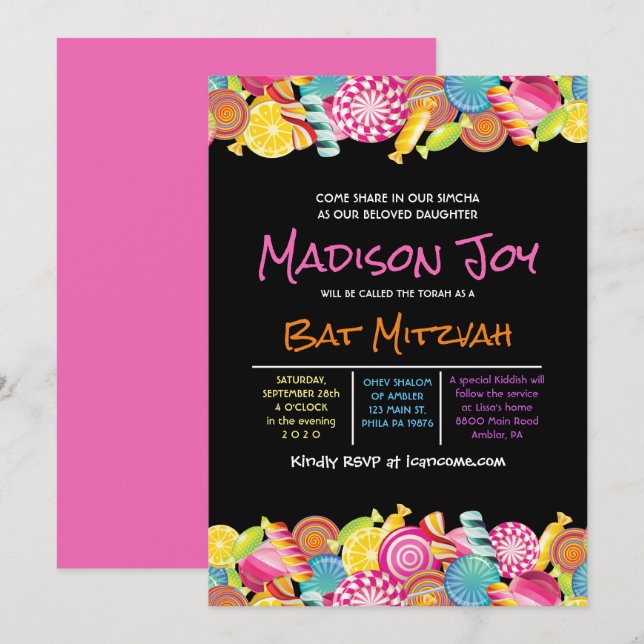 CANDY COUTURE Bat mitzvah rose Invitation (Devant / Derrière)