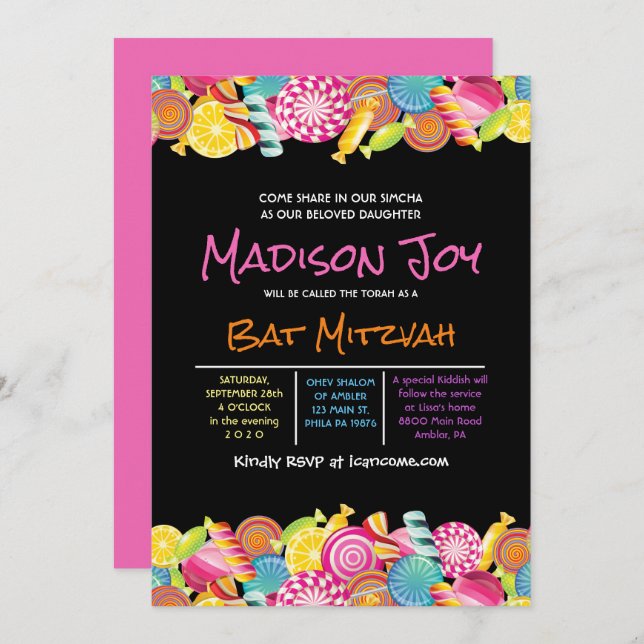 CANDY COUTURE Invitation de Bat Mitzvah rose (Devant / Derrière)