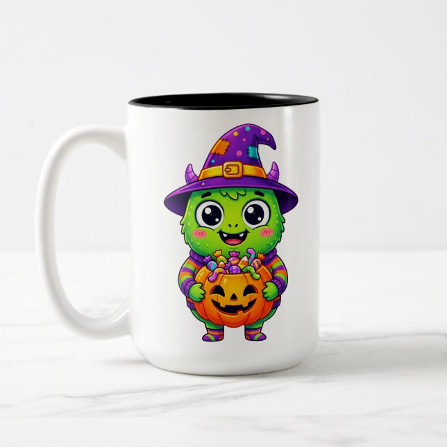 Candy Creature Witch with Pumpkin Two-Tone Coffee Mug (Left)