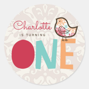 Candy Damask Chick Girl 1st Birthday Party Favour Classic Round Sticker