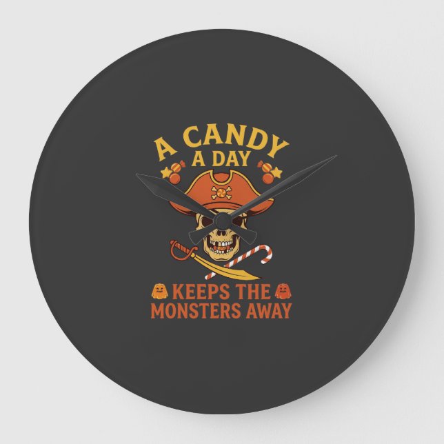 Candy Day Halloween Pirate Skull Cane Large Clock (Front)