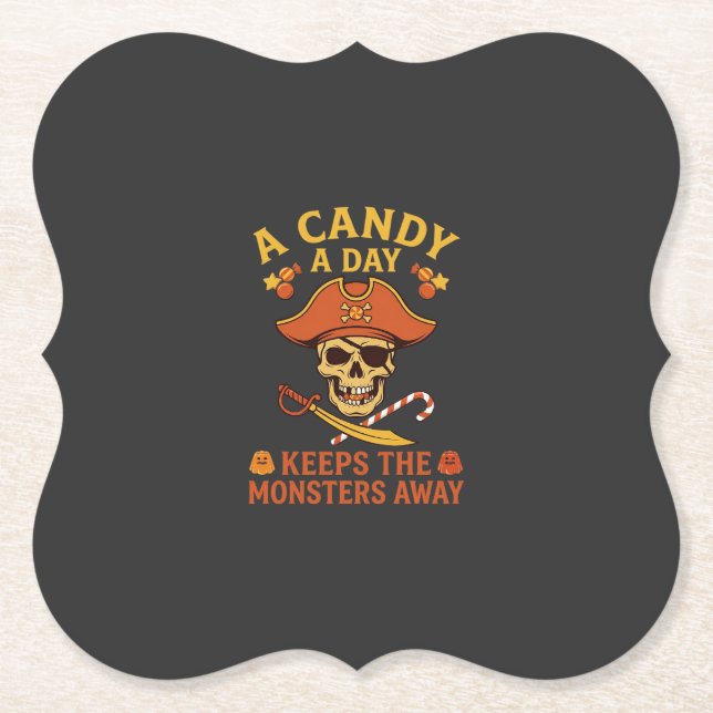 Candy Day Halloween Pirate Skull Cane Paper Coaster (Front)