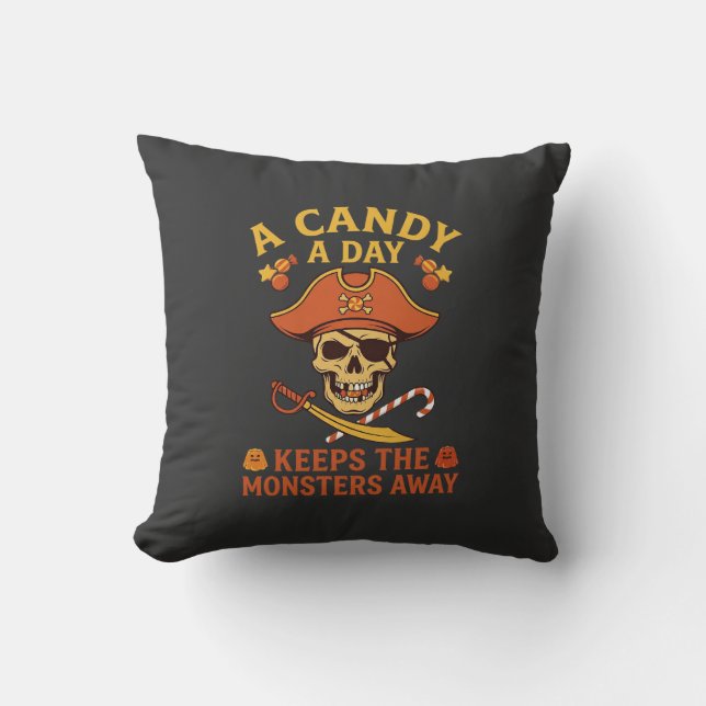 Candy Day Halloween Pirate Skull Cane Throw Pillow (Front)