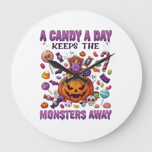 Candy Day Keeps Monsters Away Halloween Pumpkin_1 Large Clock