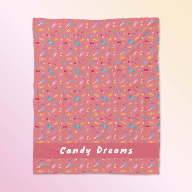 Candy Dreams Coral Pink Personalized Fleece Blanket (Personalized 'Candy Dreams' Fleece Blanket.)