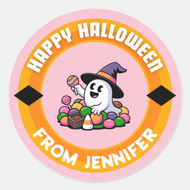 Candy Ghost Happy Halloween Classic Round Sticker (Front)
