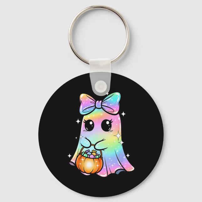 Candy Ghost Shirt Rainbow Bow Treat Trick Or Funny Keychain (Front)