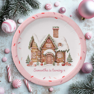"Candy Gingerbread House Pink Birthday Paper Plate