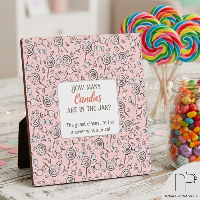 Candy Guessing Game Plaque (This Candy Guessing Game Plaque features hand-drawn candies on pink, perfect for girls' party fun.)