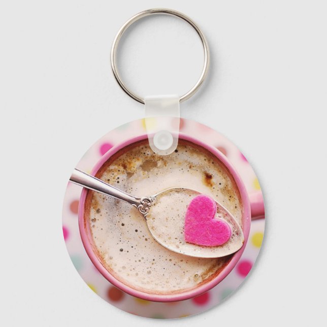 Candy heart coffee cappuccino white pink mug keychain (Front)