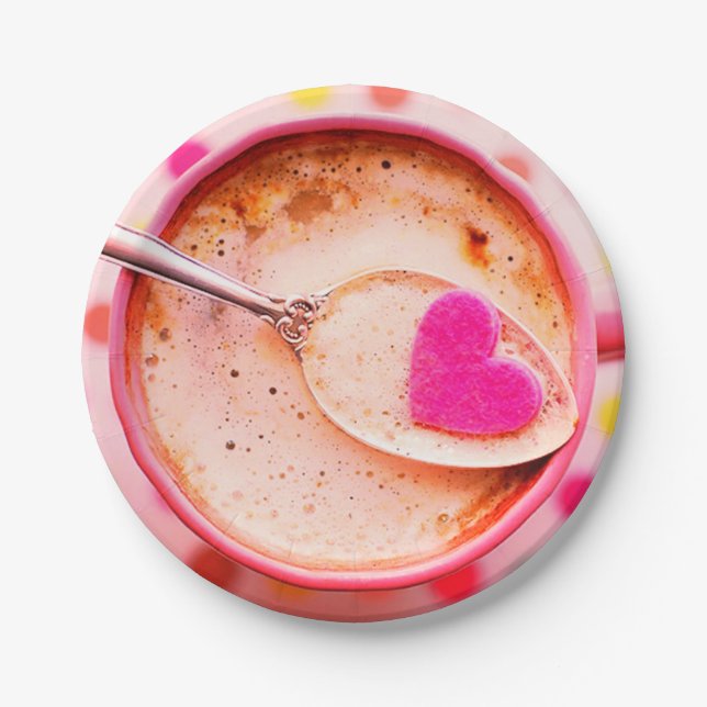 Candy heart coffee pink cup and saucer  paper plate (Front)