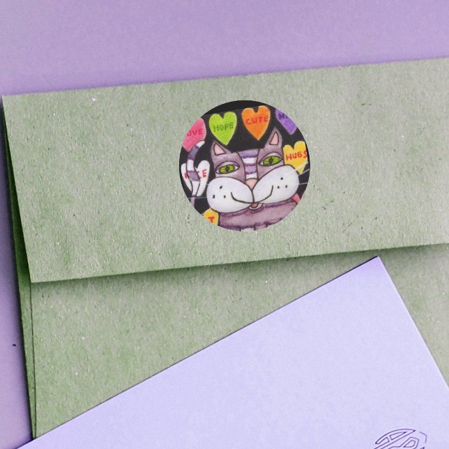 Candy Heart Purple Cat Folk Art Classic Round Sticker (Purple cat green eyes with colourful candy hearts with love sayings on black Valentine stickers.)