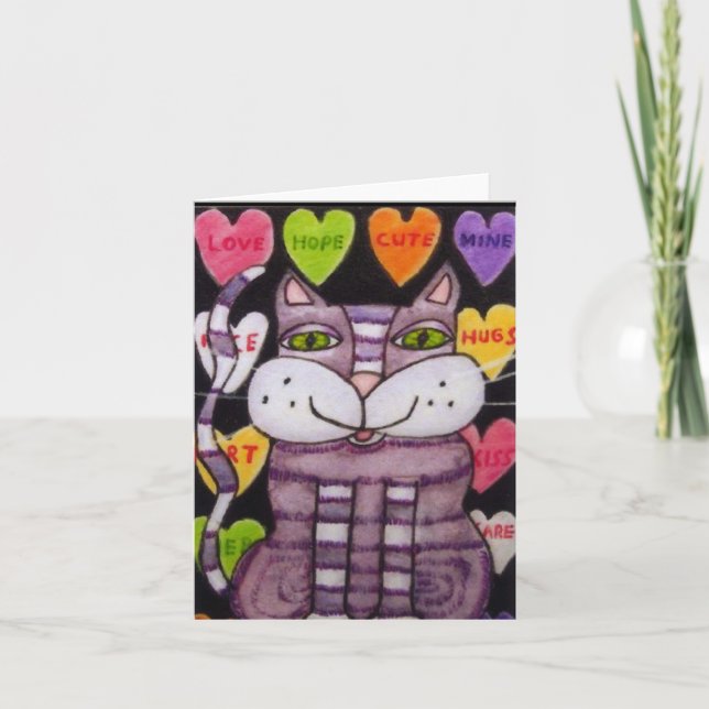 Candy Heart Purple Valentine Cat Holiday Card (Front)