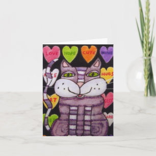 Candy Heart Purple Valentine Cat Holiday Card