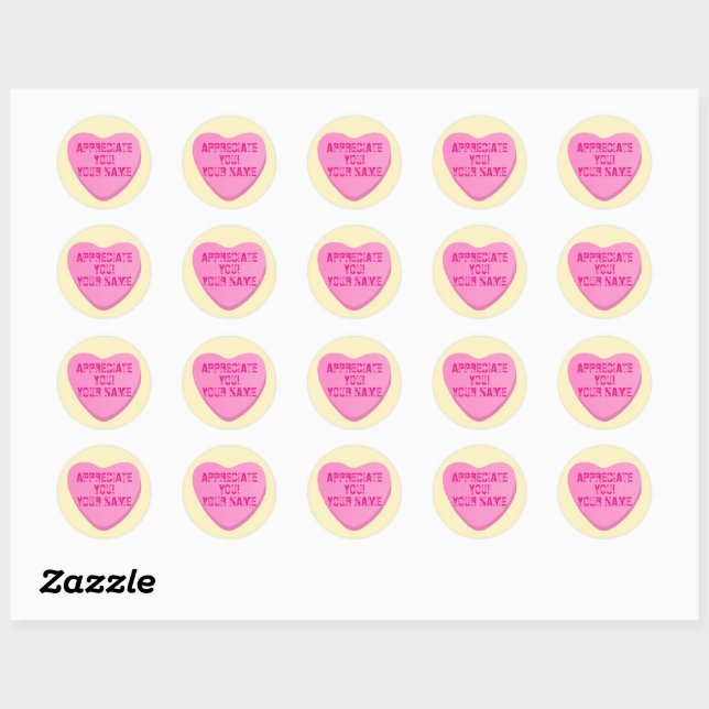Candy Heart with Custom Text-Pink Heart on Yellow Classic Round Sticker (Sheet)