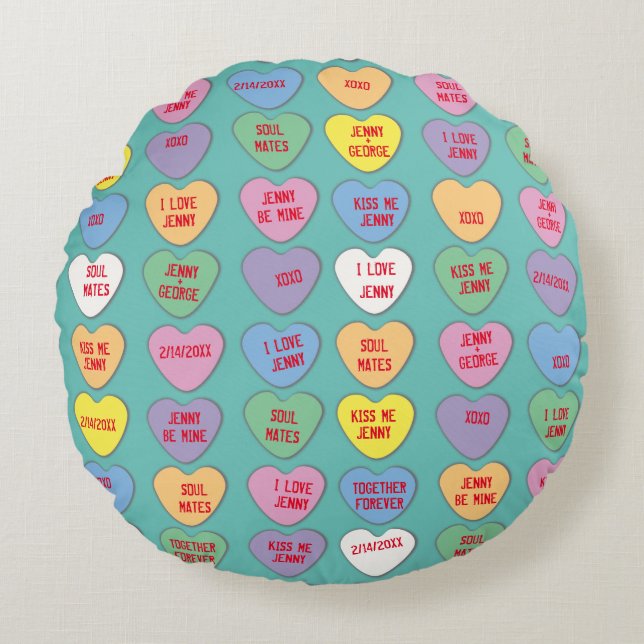 Candy Hearts Custom Messages Valentine Round Pillow (Front)