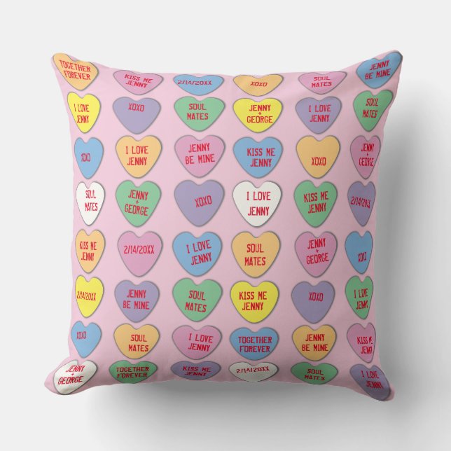 Candy Hearts Custom Messages Valentine Throw Pillow (Front)