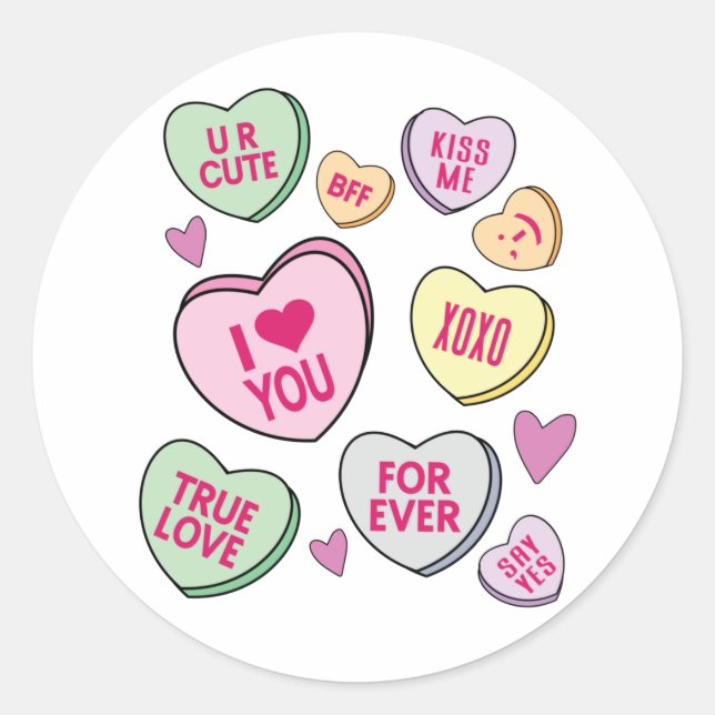 Candy Hearts Valentines Day Conversation Hearts Classic Round Sticker (Front)
