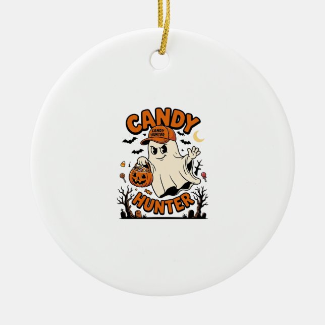 Candy Hunter Halloween Ghost Pumpkin Bucket_1 Ceramic Ornament (Front)