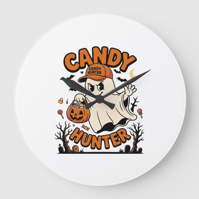 Candy Hunter Halloween Ghost Pumpkin Bucket_1 Large Clock (Front)