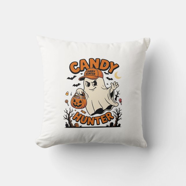 Candy Hunter Halloween Ghost Pumpkin Bucket_1 Throw Pillow (Front)