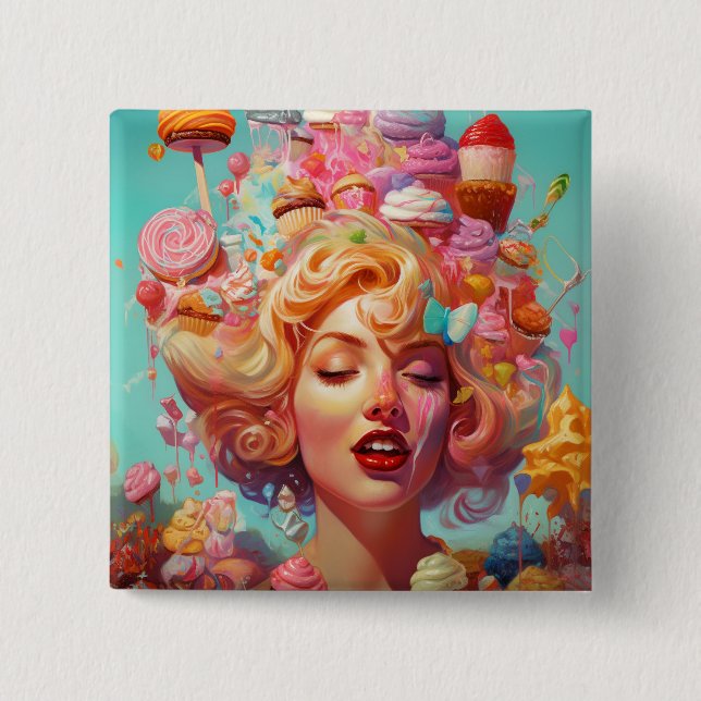 Candy Ice Cream Girl Surreal Fantasy Art 2 Inch Square Button (Front)