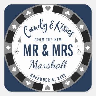 Candy & Kisses from the New Mr and Mrs Navy Poker Square Sticker