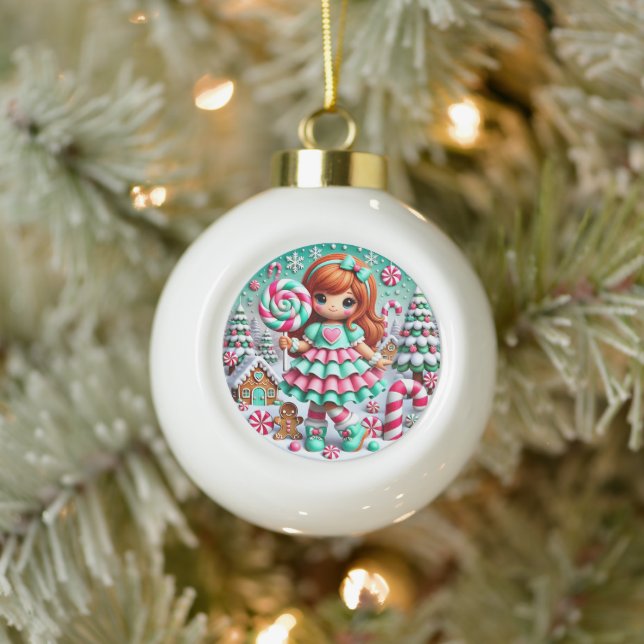 Candy Land Christmas Girl" - Whimsical Holiday Ceramic Ball Christmas Ornament (Tree)