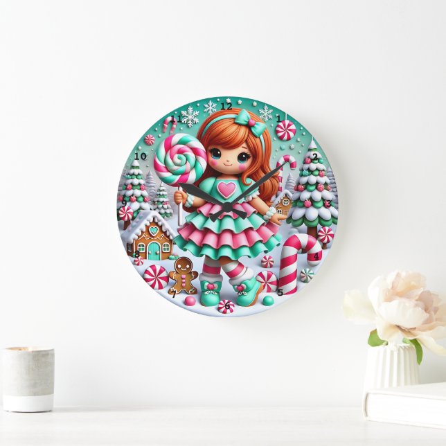 Candy Land Christmas Girl" - Whimsical Holiday Large Clock (Home)
