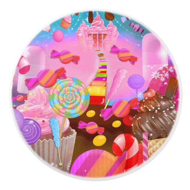 Candy Land Fantasy Cupcakes & Sweet Candy Theme Ceramic Knob (Front)