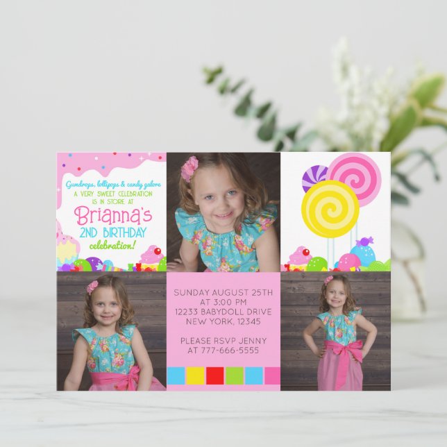 Candy Land Inspiré 3 Photo Invitation Anniversaire (Debout devant)