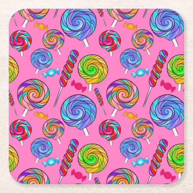 Candy Lollipop Fun Pink Rainbow Square Paper Coaster (Front)