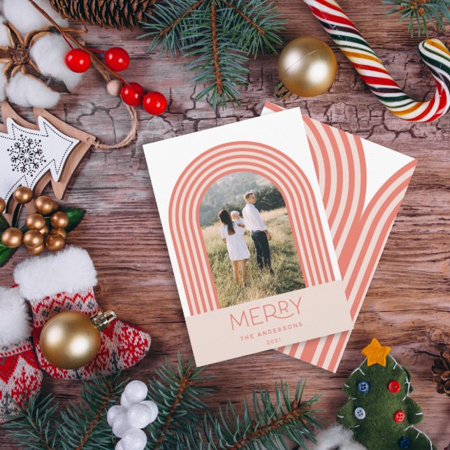 Candy pastel pink stripe rainbow 1 photo Christmas Holiday Card (Creator Uploaded)