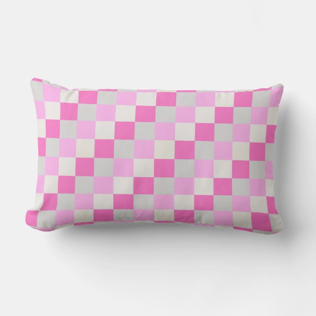 Candy Pink and White Check Pattern Outdoor Lumbar Pillow (Front)