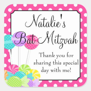 Candy Pink Polka Dot Bat Mitzvah Square Sticker